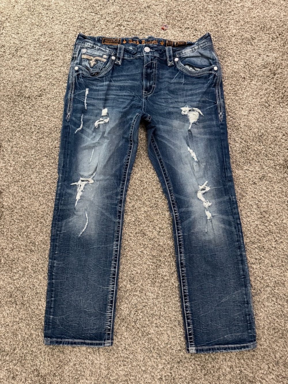 Men's Rock Revival Distressed Blue Denim Jeans size 40